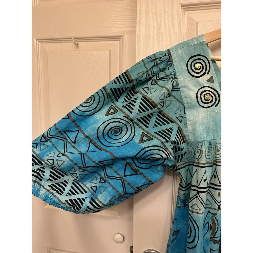 Vintage 60s‎ 70s Ramona Rull 100% Cotton Western Teal Boho Maxi Dress Kaftan 1X - Picture 7 of 11